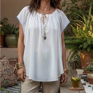 We The Free    Oversized Top Blouse
White Gauze Sheer Tie Neck Blue